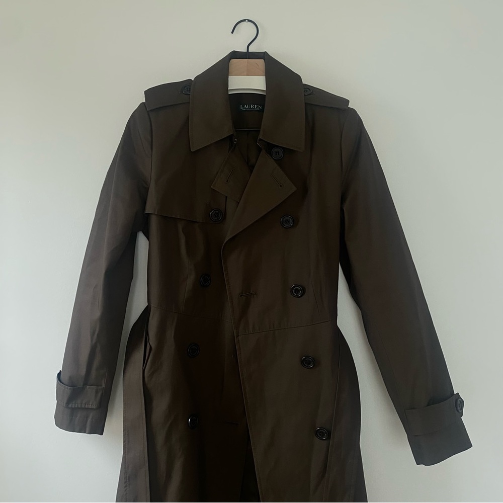 lauren ralph lauren forest green, fit + flare trench coat, size small